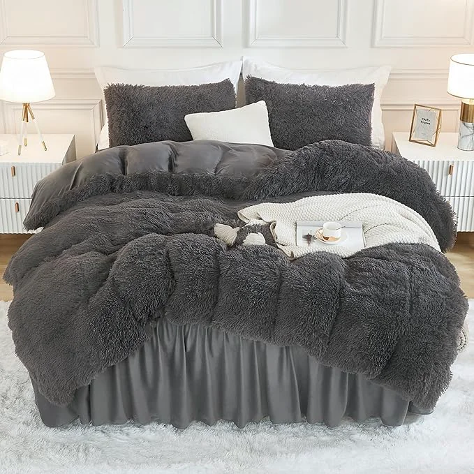 Refined Andency Faux Fur Dark Grey Comforter Full Size 3 Pieces Fluffy Fuzzy Plush Gray Bedding Comforter Set 1 Shaggy Velvet Comforter amp 2 Pillowcases Soft Puffy Comfy Bedding Set Sustainable