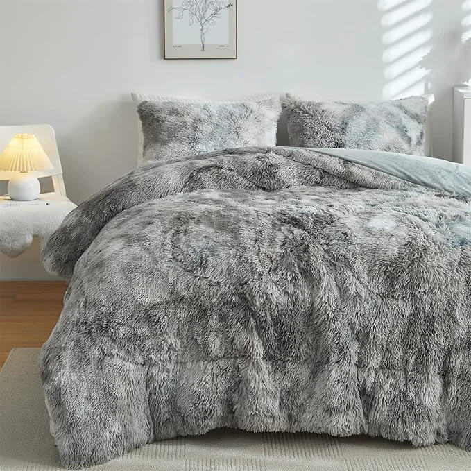 Selected Wajade Faux Fur Plush White Comforter Set Fluffy Fuzzy Shaggy Bedding Set – 3PC Full Queen Microfiber Soft Warm Quilt Set Tie Dye Grey White Full Easy-to-Use