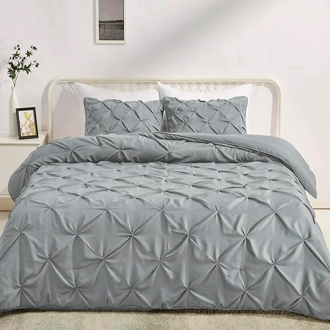 Official Amazon Basics Soft Lightweight King Size Comforter Set All-Season Down- 3-Piece Bedding Set Pinch Pleat Design with Piped Edges Dark Grey Exclusive