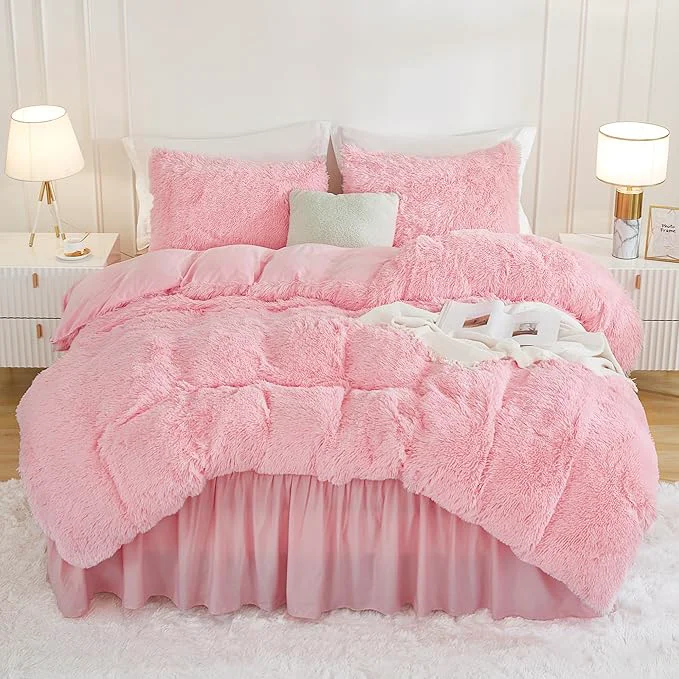 High-End Andency Pink Comforter Full Size 3 Pieces Fluffy Faux Fur Warm Soft Fuzzy Plush Bedding Comforter Set Puffy Comfy Down Comforter Blanket Set Fast