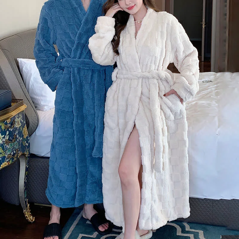 Top-Quality Ownkoti Solid Color Grid Textured Plush Bathrobe Certified