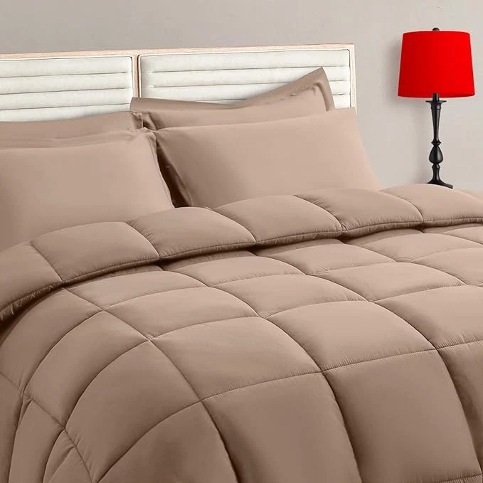 Certified TAIMIT Beige Queen Size Comforter Set – 7 Pieces Bed in a Bag Bedding Sets with All Season Soft Quilted Warm Fluffy Reversible Comforter Flat Sheet Fitted Sheet 2 Pillow Shams 2 Pillowcases Authentic