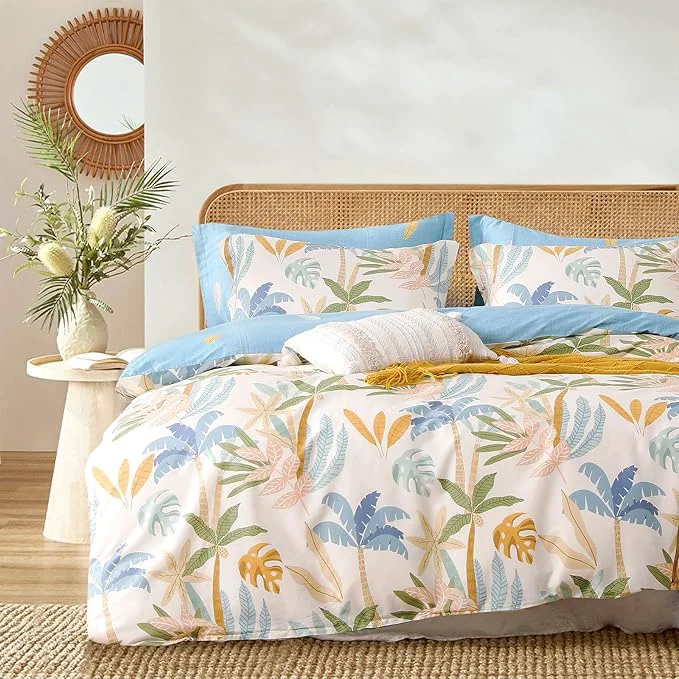 Unique Tropical Coastal Blue Cotton Comforter King Size 3Pcs – Bright Orange Olive Green amp Beige Palm and Leaf Patterns Botanical Lightweight Reversible Bedding Sets with Soft Fill 104 quot ×90 quot Powerful
