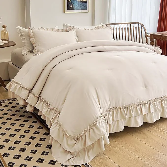 Secure AIKASY Camel Ruffle Comforter Set Queen 3 Pieces Vintage Ruffle Fringe Comforter Farmhouse Rustic Microfiber Down Bedding 1 Comforter 2 Pillow Shams Recyclable