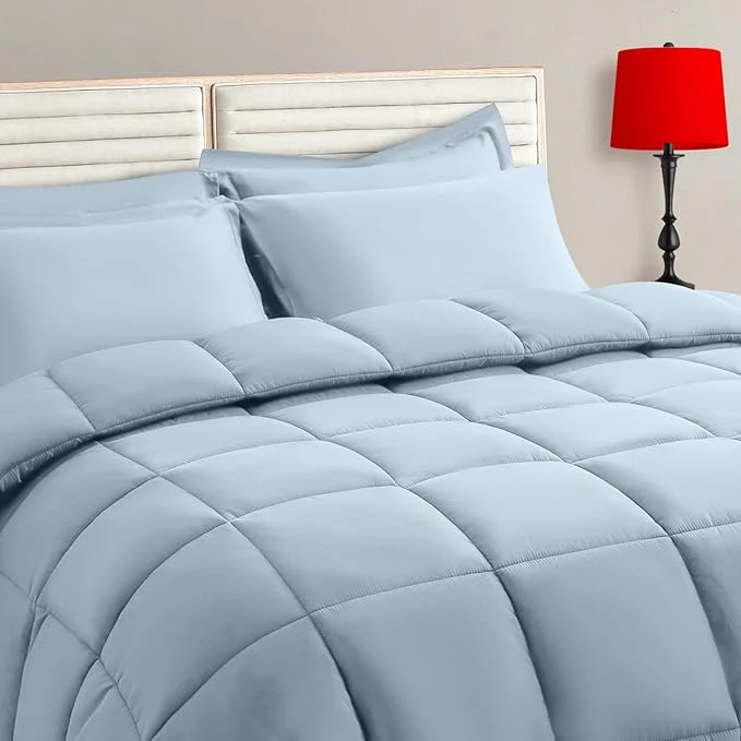 Certified TAIMIT Light Blue Queen Size Comforter Set – 7 Pieces Bed in a Bag Bedding Sets with All Season Soft Quilted Warm Fluffy Reversible Comforter Flat Sheet Fitted Sheet 2 Pillow Shams 2 Pillowcases Fine Crafted
