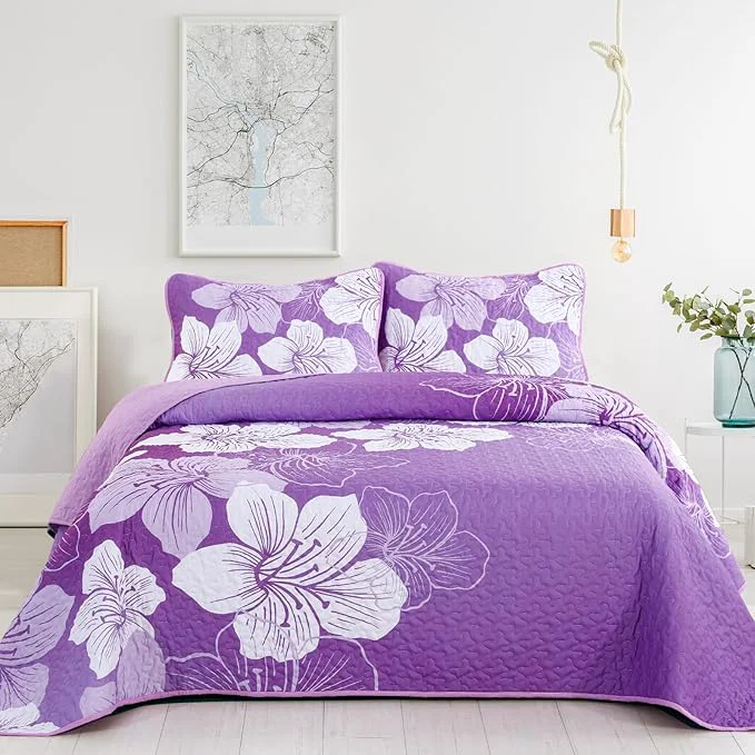 Excellent DJY Purple Floral Queen Quilt Set 3 Pieces Botanical Pattern Bedspread Summer Gradient Bedding Quilt Set with 2 Pillow Shams Soft Boho Microfiber Coverlet Set for All Season 90 39 39 x96 39 39 Flexible