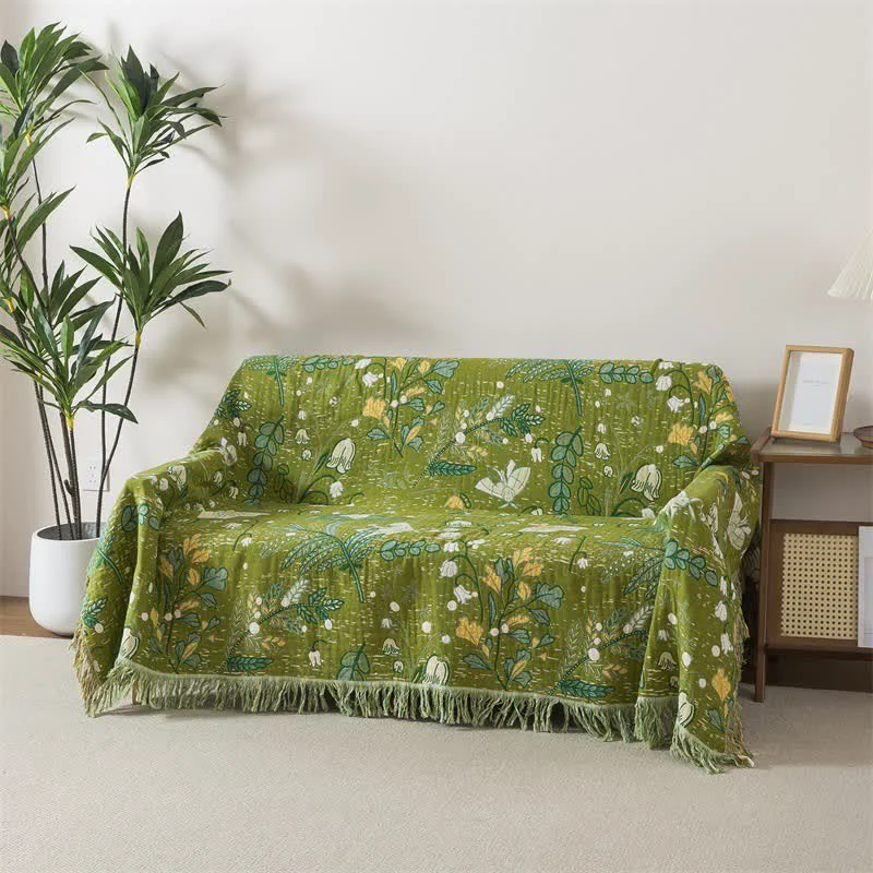 Soft Ownkoti Green Leaf Floral Cotton Tassel Blanket Efficient