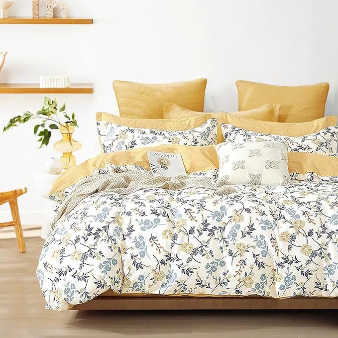 User-Friendly Yellow Floral Cotton Comforter Queen Size – Refreshing Design with Blue Orange amp Slate Gray Botanical Pattern on Off White 3PC Lightweight Bedding Set with Ultra-Soft Fill Queen Natural