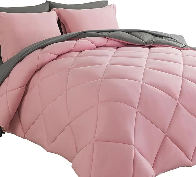 Original Cosybay Bed in a Bag King Comforter Sets 7pcs All Season Solid Down Bedding Sets Pink and Grey with Comforter Pillow Shams Flat Sheet Fitted Sheet and Pillowcases Expertly Made