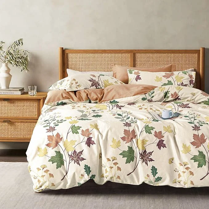 Premium Botanical Cotton Comforter Queen Size – Luxurious Design with Maple Leaves and Branches on Beige Textured Maple Orange Back 3PC Lightweight Bedding Set with Ultra-Soft Fill Genuine