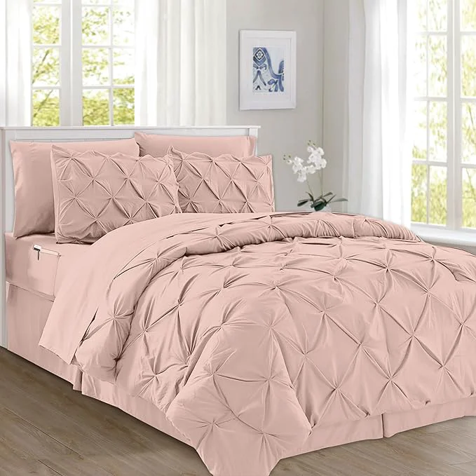 Long-Lasting Elegant Comfort 8-Piece Pinch Pleated Comforter Set – All Season Complete Bed in a Bag Includes 4pc Smart Sheet Set Bed Skirt Comforter Matching Pillowcases and Shams Twin Twin XL Blush Pink Certified