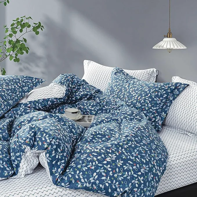 Authentic Blue Floral Cotton Comforter King Size – White Leaves with Delicate Soft Green amp Blush Floral Print Blue Chevron on White Reverse – 3PC Lightweight Bedding Set with Soft Fill 104 quot ×90 quot Reusable