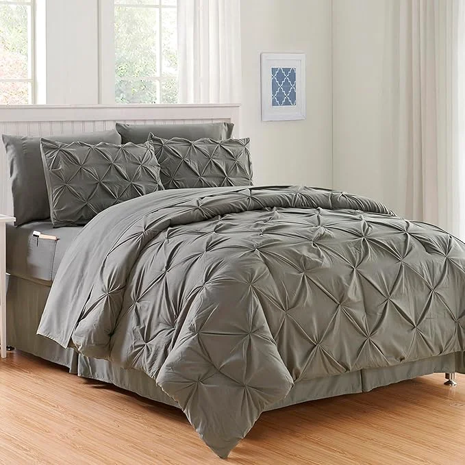 Dependable Elegant Comfort 8-Piece Pinch Pleated Comforter Set – All Season Complete Bed in a Bag Includes 4pc Smart Sheet Set Bed Skirt Comforter Matching Pillowcases and Shams King Cal King Gray Original