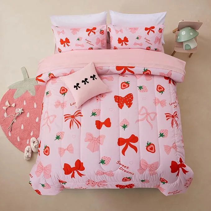 Recyclable A Nice Night Red Bow Comforter Set 6 Piece Bed in a Bag Matching Sheet Set Cute Ribbon Bowknot Bedding Sets Princess Style Strawberry Printed Light Pink Room Decor for Girls Full First-Class