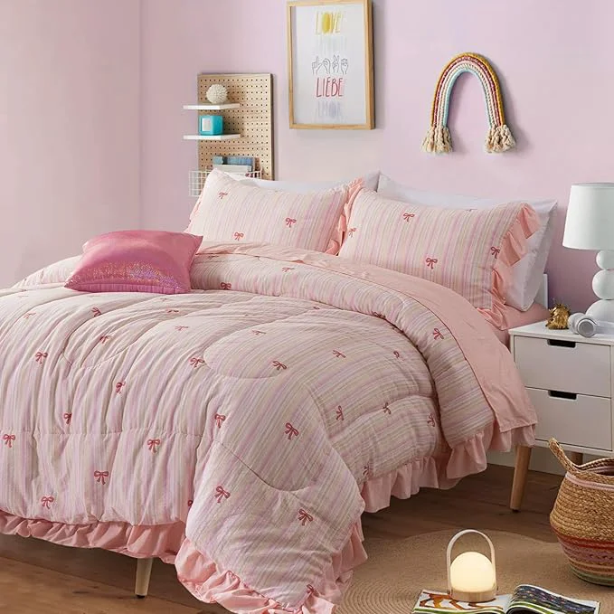 User-Friendly A Nice Night Rainbow Stripes amp Bows Bedding Set Ruffle 6 Piece Bed in a Bag Matching Sheet Set Princess Style Chic Bow Printed Light Pink Room Decor for Girls Twin Expertly Made