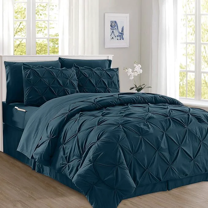 Elite Elegant Comfort 8-Piece Pinch Pleated Comforter Set – All Season Complete Bed in a Bag Includes 4pc Smart Sheet Set Bed Skirt Comforter Matching Pillowcases and Shams Twin Twin XL Sapphire Blue Quality