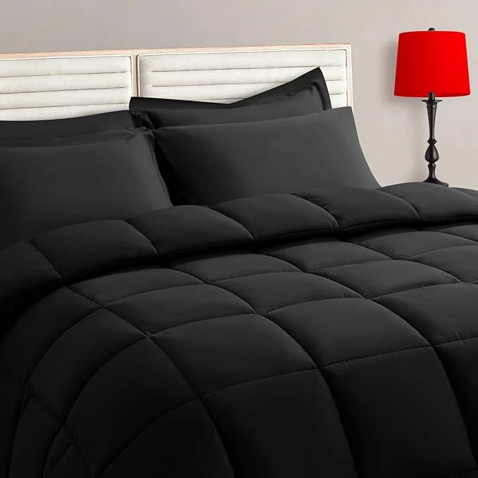Trendy TAIMIT Twin Size Comforter Set – 5 Pieces Bed in a Bag Bedding Sets with All Season Soft Quilted Warm Fluffy Reversible Comforter Flat Sheet Fitted Sheet 1 Pillow Shams 1 Pillowcases Black Long-Lasting