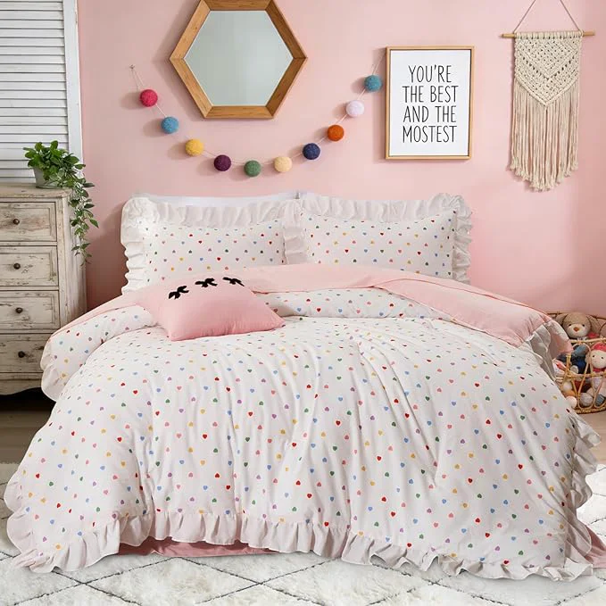Responsible A Nice Night Colorful Heart Love Pattern Bedding Set Ruffle 6 Piece Bed in a Bag Matching Sheet Set Princess Chic Style White Comforter Sets Room Decor for Girls Full Classic