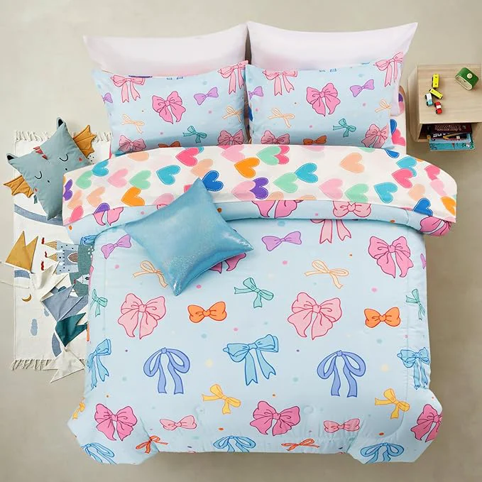 Flexible A Nice Night Twin Comforter Set for Girls 6 Piece Bedding Sets Soft Polyester Bed in a Bag with Multi-Color Chic Bows Pattern Blue Background Room Decor for All Season Fine
