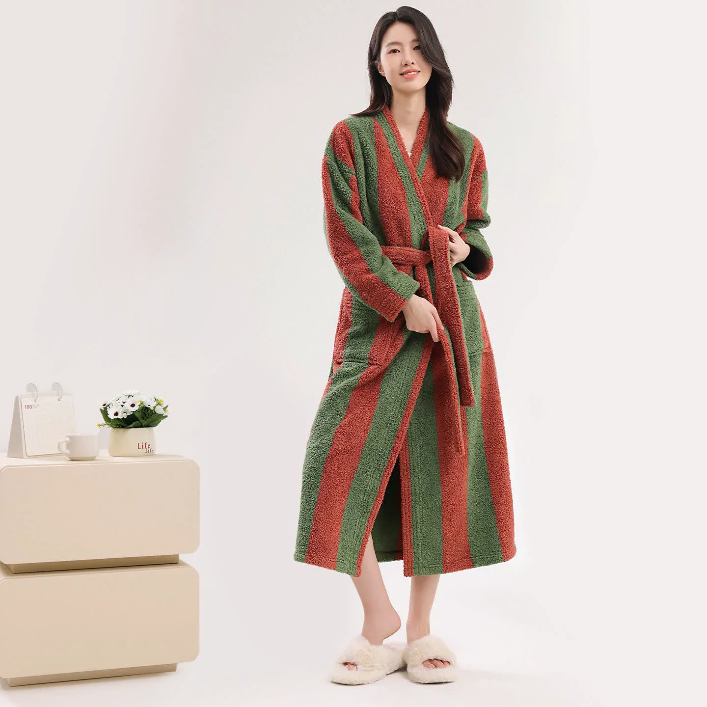 Quality Ownkoti Bold Vertical Stripe Plush Robe Breathable