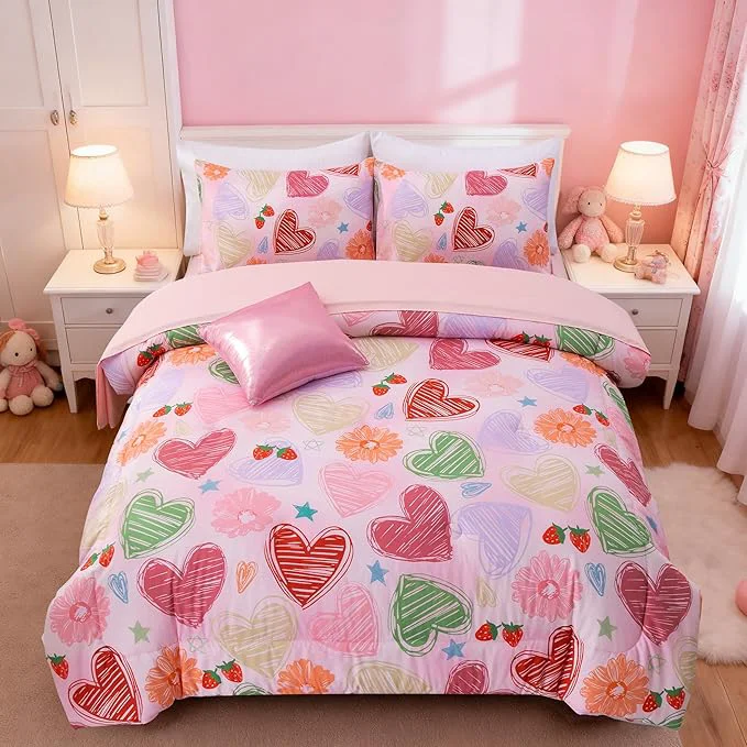 Environmentally Friendly A Nice Night 6 Piece Comforter Set Bed in a Bag with Comforter amp Sheet Set Watercolor Pink Bow Hearts Flower Strawberries Printed Bedding Sets Kids Girls Queen Efficient