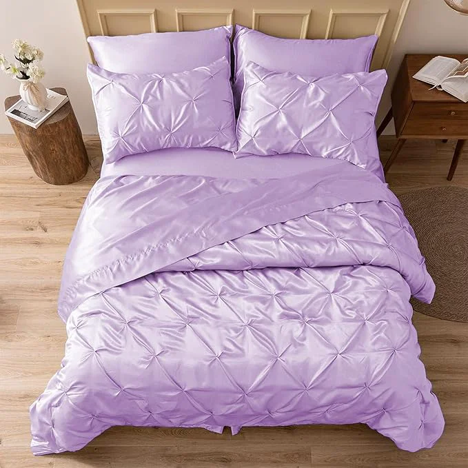Reusable MR amp HM Satin Comforter Queen 7 Pieces – Luxurious Pinch Pleat Bedding Set with Comforter Flat Sheet Fitted Sheet Pillowcases amp Shams Super Silky Soft Bed Set for All Season Queen Lilac Luxury
