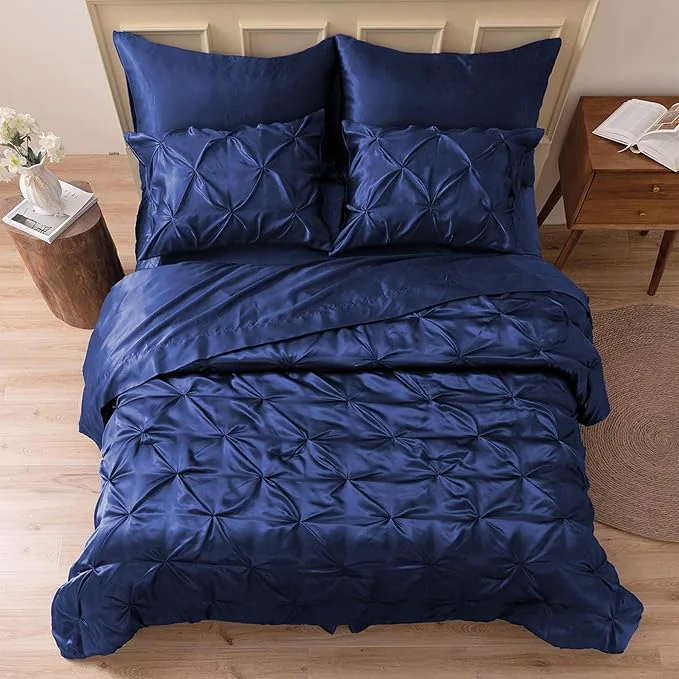 Lightweight MR amp HM Satin Comforter Full 7 Pieces – Luxurious Pinch Pleat Bedding Set with Comforter Flat Sheet Fitted Sheet Pillowcases amp Shams Super Silky Soft Bed Set for All Season Full Navy Blue Top-Quality