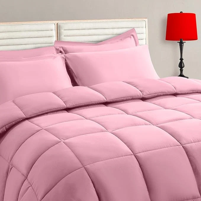 Clean TAIMIT Pink Queen Size Comforter Set – 7 Pieces Bed in a Bag Bedding Sets with All Season Soft Quilted Warm Fluffy Reversible Comforter Flat Sheet Fitted Sheet 2 Pillow Shams 2 Pillowcases Natural