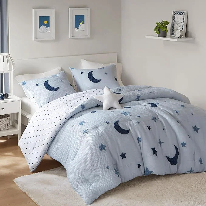 Durable Intelligent Design Kids Cosmos Full Size Comforter Set – Blue Star and Moon Tufted Chenille Reversible 4-Piece Bedding with Star Pillow Full Queen Green