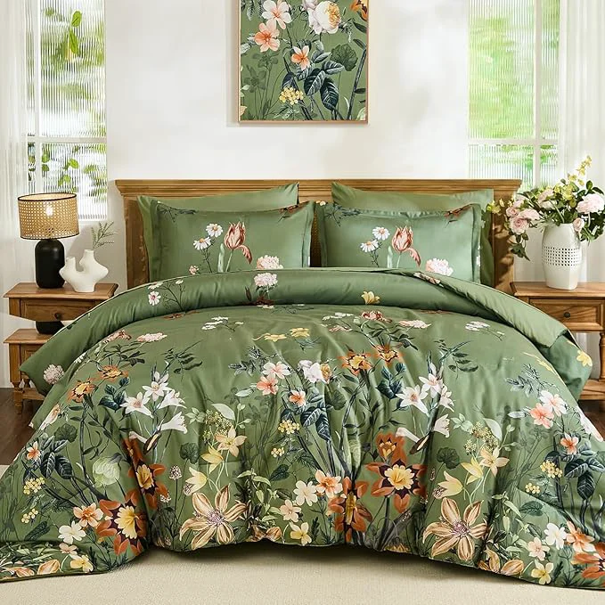Selected WONGS BEDDING Green Floral Comforter Set Queen 7 Piece Bed in a Bag Bedding Set with Botanical Flowers Patterns Soft Lightweight Complete Comforters with Sheets for All Season Excellent