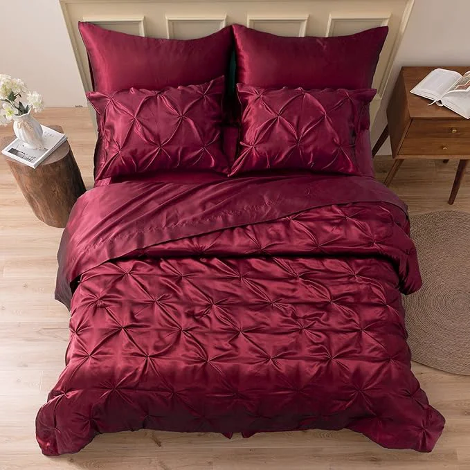 Powerful MR amp HM Satin Comforter Twin XL 5 Pieces – Luxurious Pinch Pleat Bedding Set with Comforter Flat Sheet Fitted Sheet Pillowcase amp Sham Super Silky Soft Bed Set for All Season Twin XL Burgundy Carefully Designed