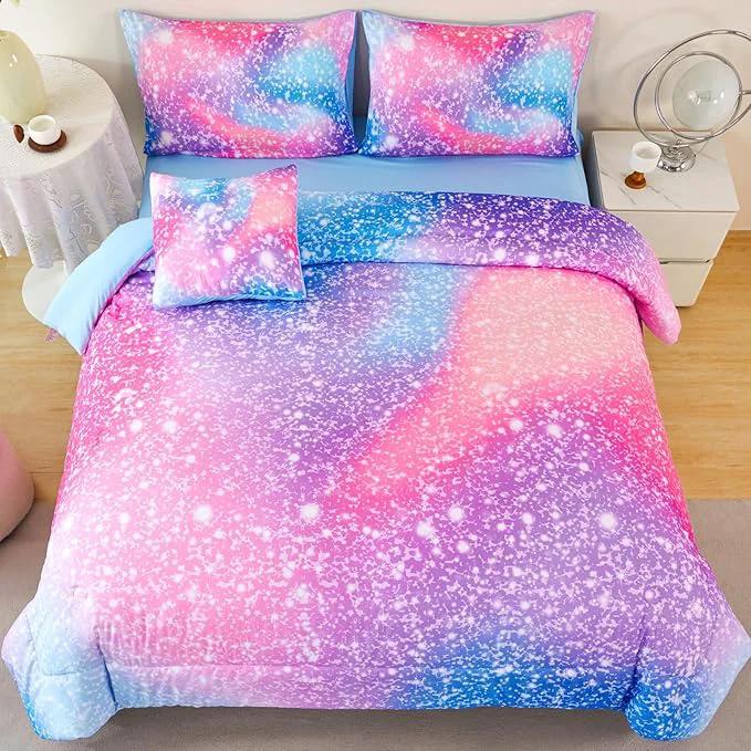 Expertly Made RYNGHIPY 6Pcs Girls Bedding Set Full Size Colorful Rainbow Comforter Set for Kids Teens Girls Glitter Bedding Set Lightweight Fluffy Responsible