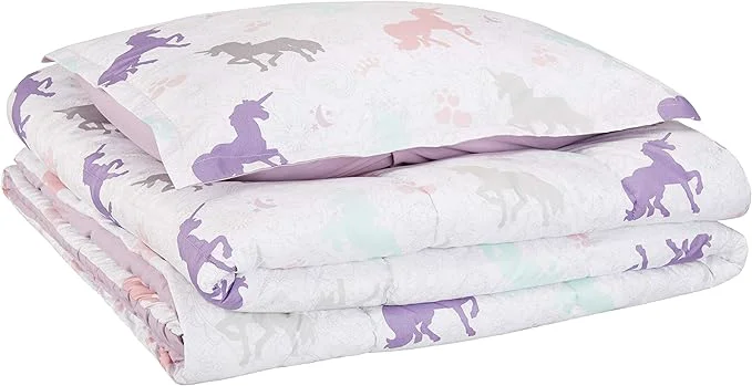 Exclusive Amazon Basics 2-Piece Soft Easy-Wash Microfiber Kid 39 s Comforter and Pillow Sham Set Twin Purple Unicorns Animal Printed World-Class