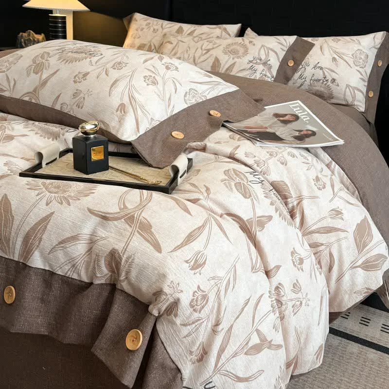 Classic Ownkoti Floral Blossom Linen Button Bedding Set 4PCS Refined