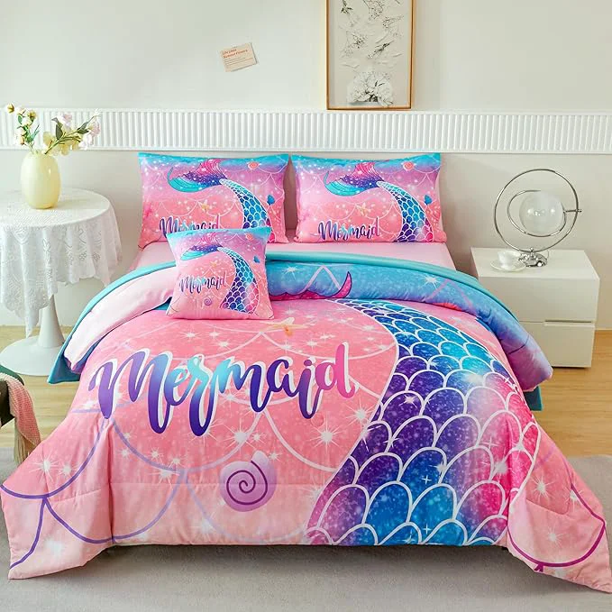 Outstanding RYNGHIPY Mermaid Kids Girls Comforter Set Twin Size Pink Blue Gradient Fish Tail Bed in a Bag – Includes Comforter amp Sheet Set for Teens Girls Super Soft Kids Bedding Safe