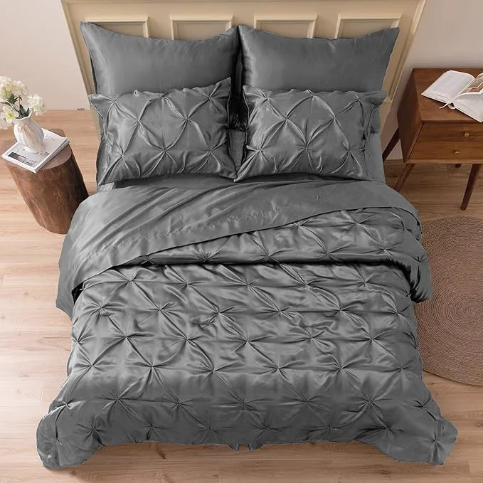 Optimized MR amp HM Satin Comforter King 7 Pieces – Luxurious Pinch Pleat Bedding Set with Comforter Flat Sheet Fitted Sheet Pillowcases amp Shams Super Silky Soft Bed Set for All Season King Dark Grey Crafted