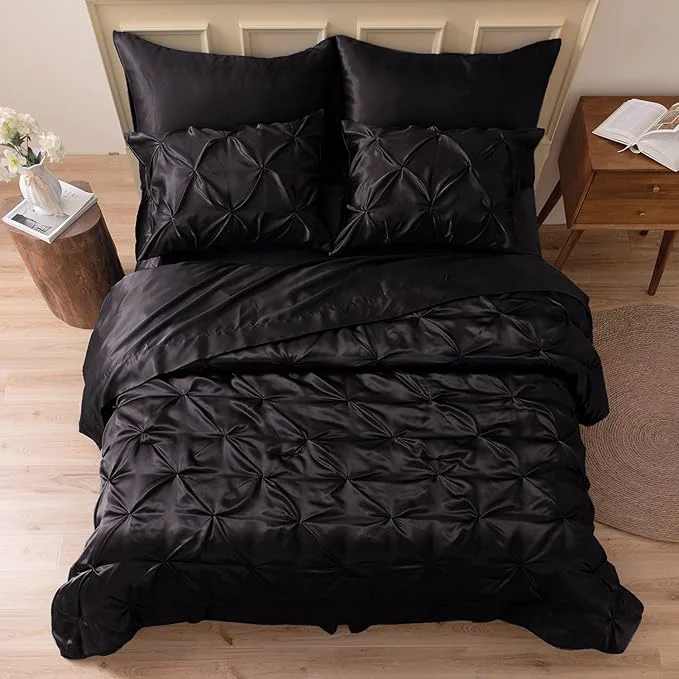 Efficient MR amp HM Satin Comforter Twin XL 5 Pieces – Luxurious Pinch Pleat Bedding Set with Comforter Flat Sheet Fitted Sheet Pillowcase amp Sham Super Silky Soft Bed Set for All Season Twin XL Black Optimized