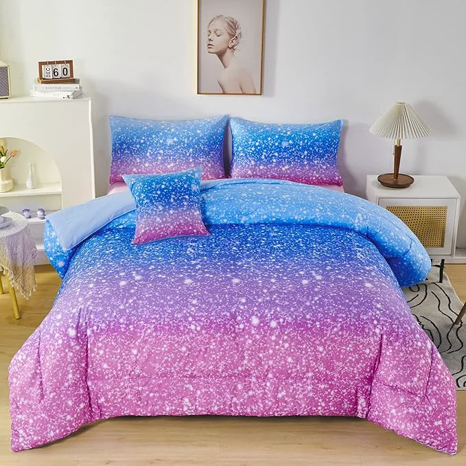 Smooth RYNGHIPY 6Pcs Sparkle Gradient Glitter Comforter Sets Ombre Indigo Pink Gradient Bedding Set for Boys Girls Rainbow Bed in A Bag Queen Size Consistent
