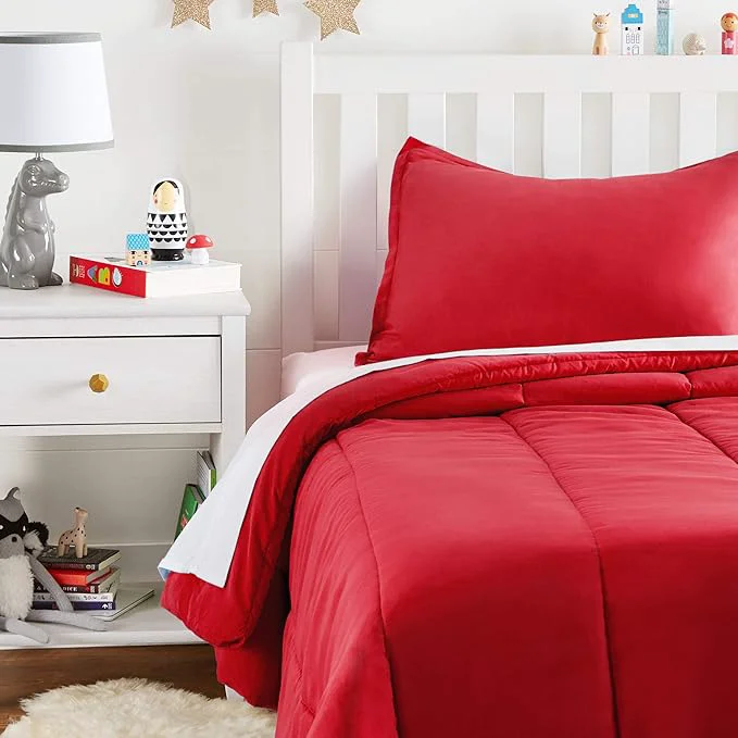 Refined Amazon Basics 2 Piece Easy Wash Microfiber Kid 39 s Comforter and Pillow Sham Set Twin Red Solid Casual