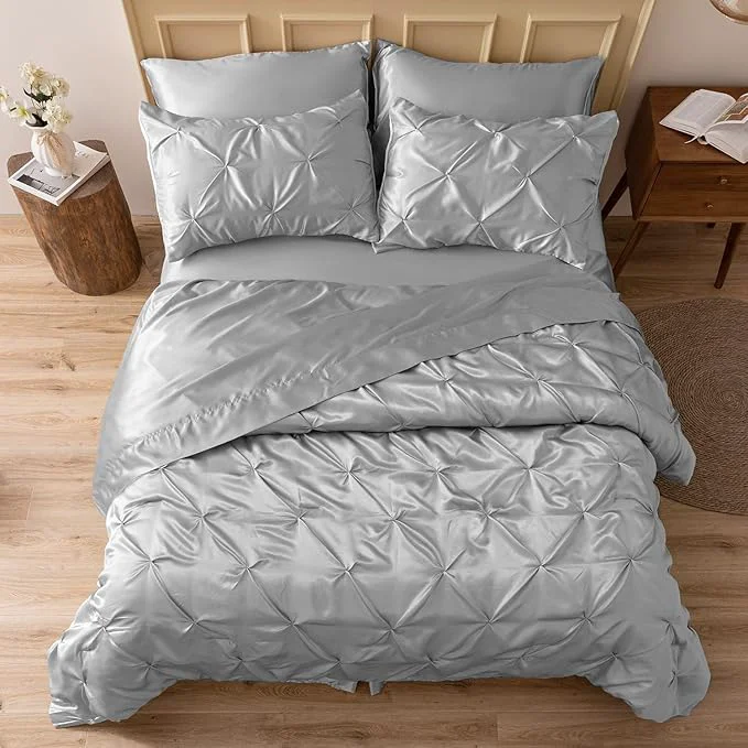 Original Design MR amp HM Satin Comforter Queen 7 Pieces – Luxurious Pinch Pleat Bedding Set with Comforter Flat Sheet Fitted Sheet Pillowcases amp Shams Super Silky Soft Bed Set for All Season Queen Silver Grey Smart