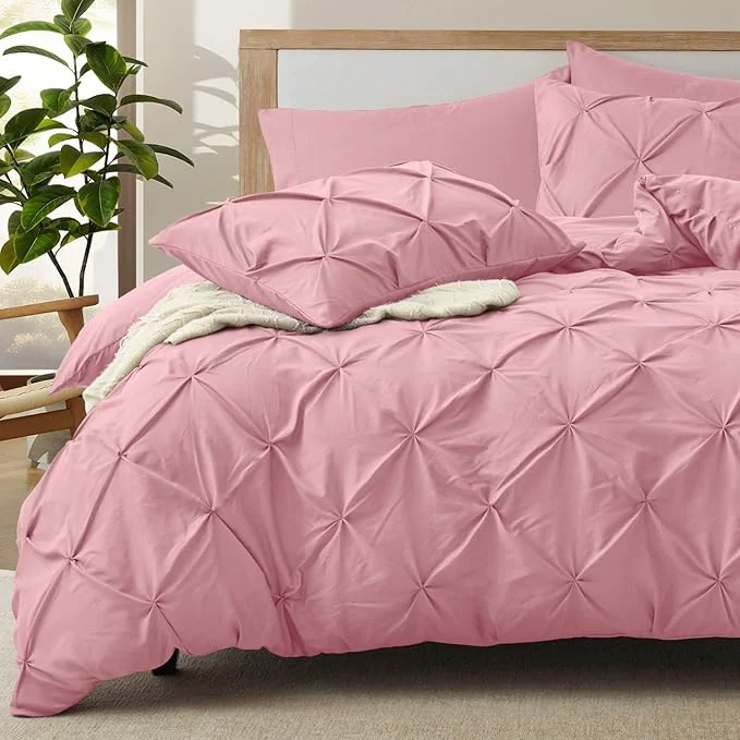 Solid VACVELT 5 Piece Pinch Pleated Duvet Cover California King Size Set Pink Pintuck Duvet Cover with Zipper amp 8 Ties Soft Microfiber Duvet Cover 2 Pillow Shams 2 Pillowcases No Comforter Contemporary