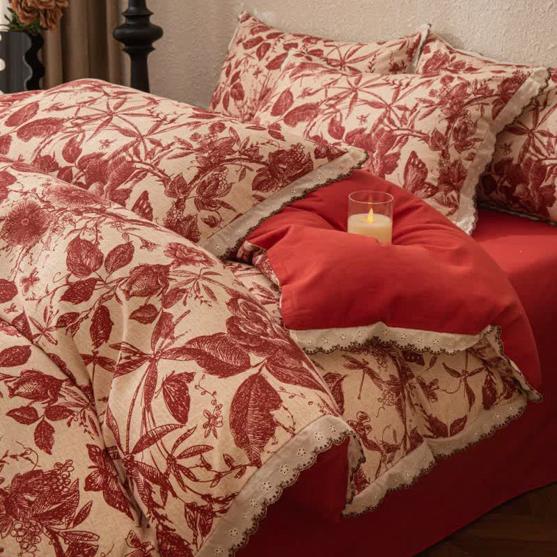 Advanced Ownkoti Red Botanical Lace Brushed Cotton Bedding Set Selected