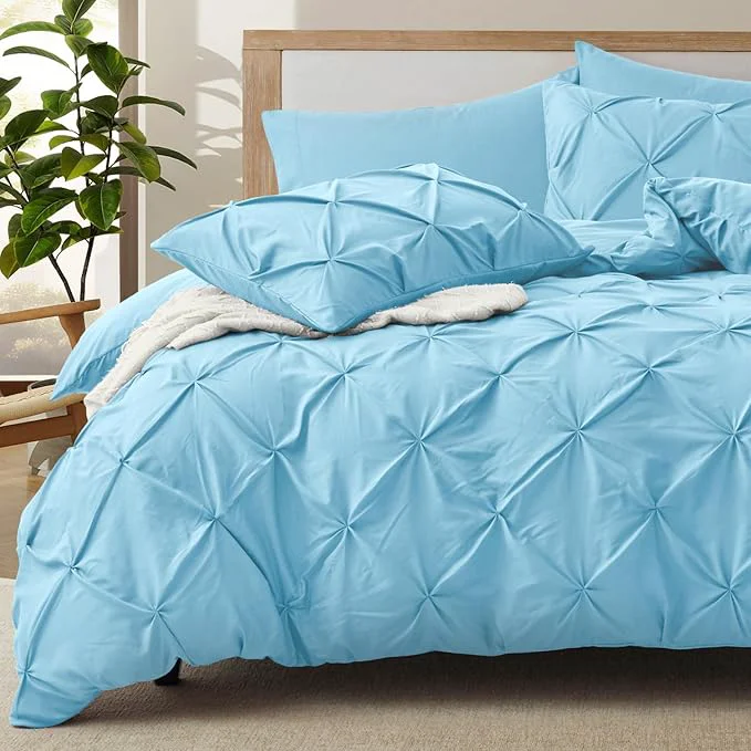 Durable VACVELT 5 Piece Pinch Pleated Duvet Cover King Size Set Light Blue Pintuck Duvet Cover with Zipper amp 8 Ties Shabby Chic Microfiber Duvet Cover 2 Pillow Shams 2 Pillowcases No Comforter Official