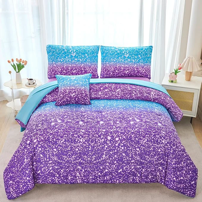 Comfortable RYNGHIPY Blue Purple Girls Bedding Set 3D Colorful Galaxy Starry Comforter Sets for Girls Kids Full Lightweight Soft Rainbow Bed in A Bag Eco-Friendly