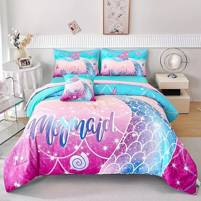 Sophisticated RYNGHIPY Kids Girls Comforter Set 6Pcs Mermaid Bed in a Bag Full Size Fish Tail Print Teens Girls Bedding Set Rainbow Bedding Collections Prestigious