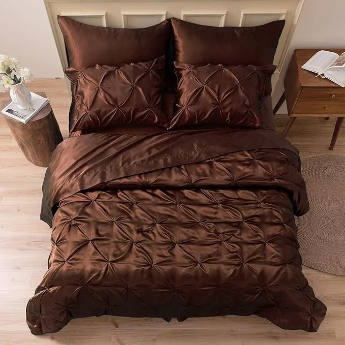 Stylish MR amp HM Satin Comforter Set Oversized Queen 7 Piece Bed in a Bag Silky Soft All Season Bed Set Luxury Pinch Pleat Bedding Set with Comforter Sheets Pillowcases amp Shams Brown Certified