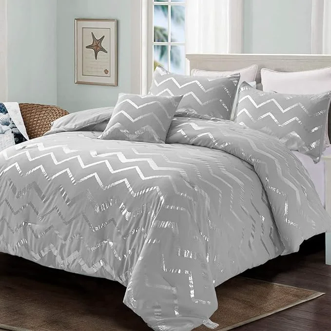 Fashionable Menghomeus Grey and Silver Comforter Set King Metallic Print Geometric Bed Comforter 4 Piece Soft Microfiber Bedding for Teen Girls Boys Women 2 Pillow Shams 1 Decorative Pillow Sham Superior