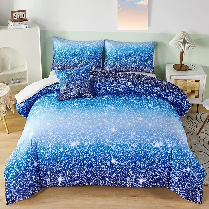 Contemporary RYNGHIPY 6Pcs Gradient Aqua Blue Navy Ombre Comforter Sets with Sheets Pillowcases Twin Size Sparkle Glitter Design Comforter Bedding Collections for Kids Boys and Girls Flexible