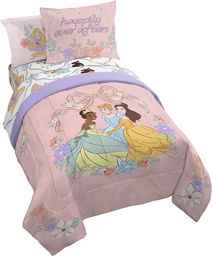 Jay Franco Kids Comforter Set Includes Sheets and Pillow Covers – Soft and Cozy Bed Set for Stylish Room Decor Pink – Disney Princess 5 Piece Twin Relaxed