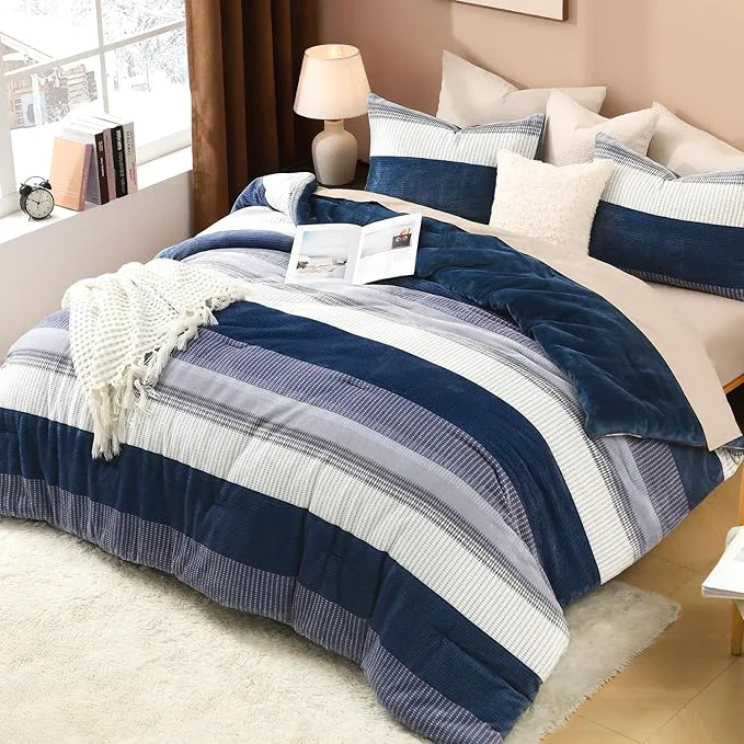 Premium Material Litanika Fluffy Fleece Full Size Comforter Set Luxury Soft Plush Fuzzy Mineral Blue Stripe Bedding Comforter Sets Warm Shaggy Faux Fur Bed Set All Season 1 Comforter 2 Pillowcases Environmentally Friendly